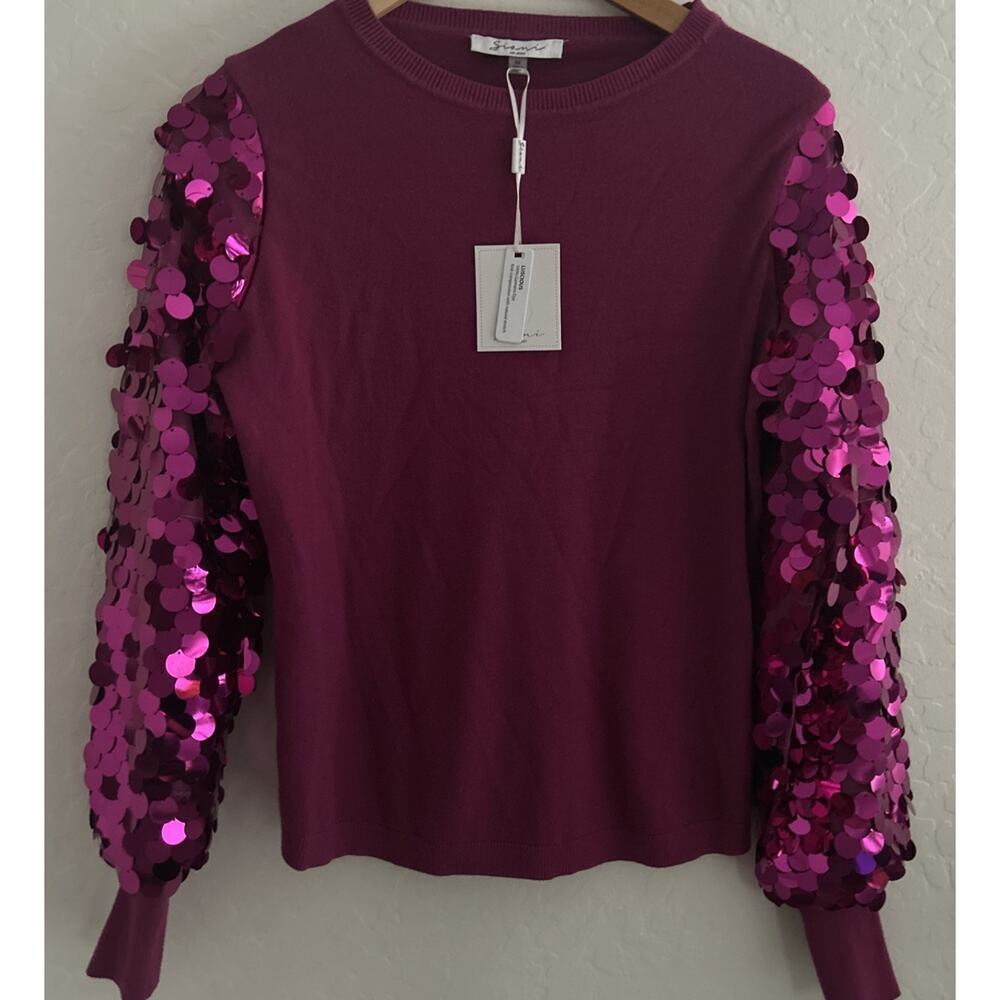 Sioni Milano Pink Wild Aster Sequin Balloon Sleeve Ribbed Knit Chic M Glam Party